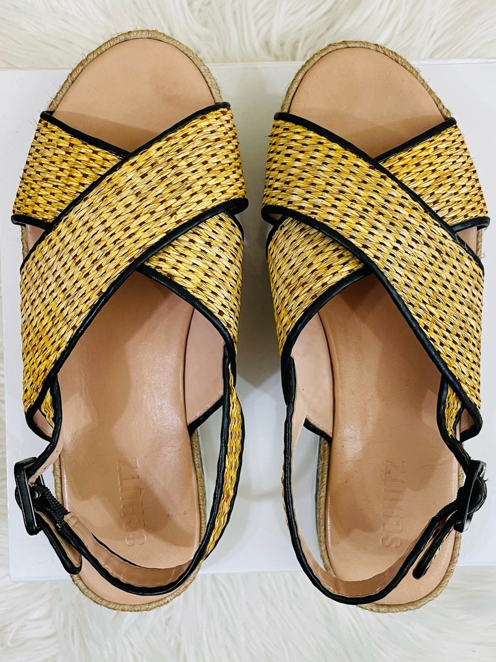 SCHUTZ rattan/raffia woven criss cross Flatform/Platform sandals